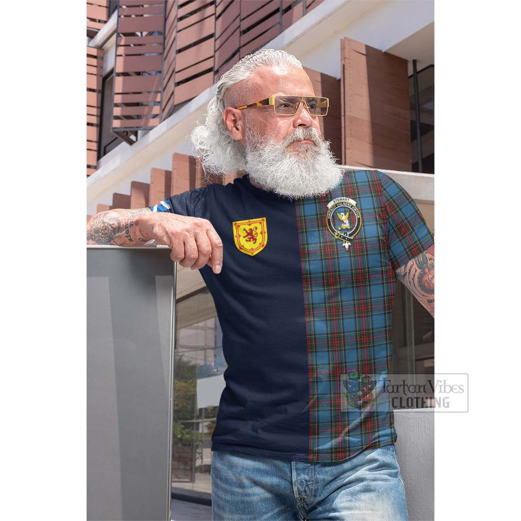 Tartan Vibes Clothing Stewart Royal Blue Tartan Cotton T-shirt with Scottish Lion Royal Arm Half Style