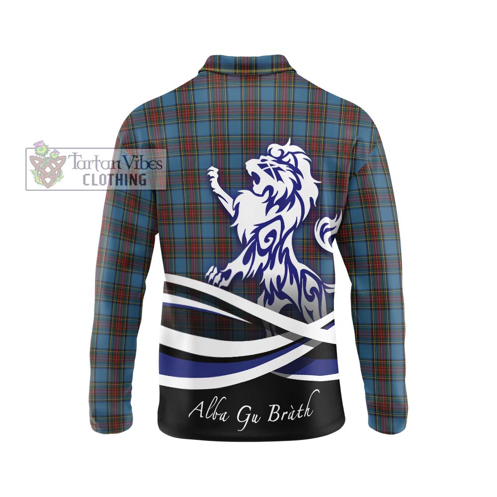 Stewart Royal Blue Tartan Long Sleeve Polo Shirt with Alba Gu Brath Regal Lion Emblem - Tartanvibesclothing Shop