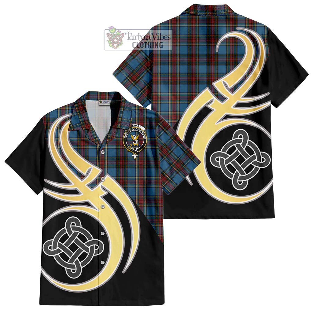 Stewart Royal Blue Tartan Short Sleeve Button Shirt with Family Crest and Celtic Symbol Style - Tartan Vibes Clothing