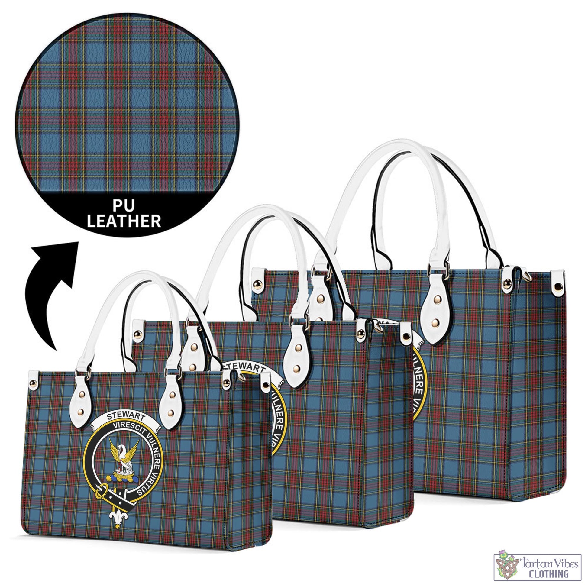 Tartan Vibes Clothing Stewart Royal Blue Tartan Luxury Leather Handbags with Family Crest