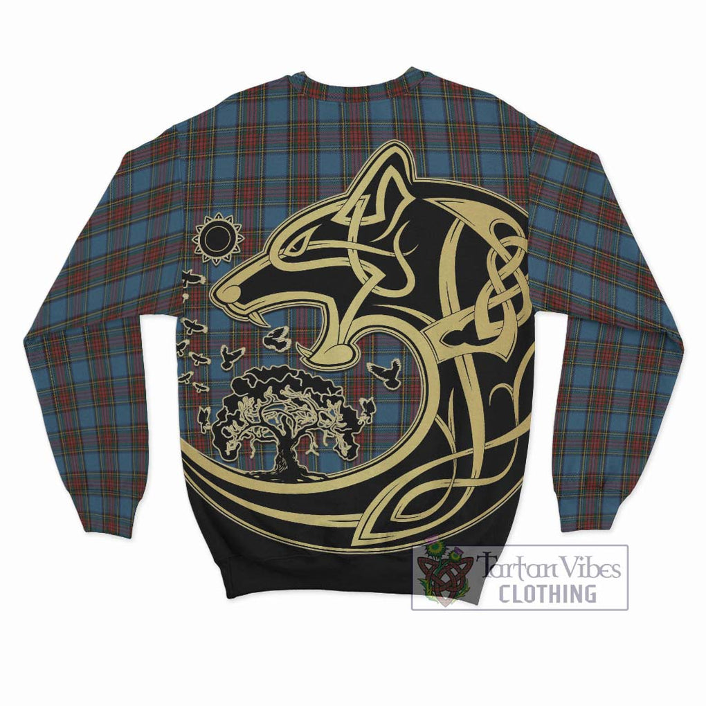 Stewart Royal Blue Tartan Sweatshirt with Family Crest Celtic Wolf Style - Tartan Vibes Clothing