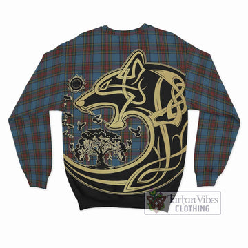 Stewart Royal Blue Tartan Sweatshirt with Family Crest Celtic Wolf Style