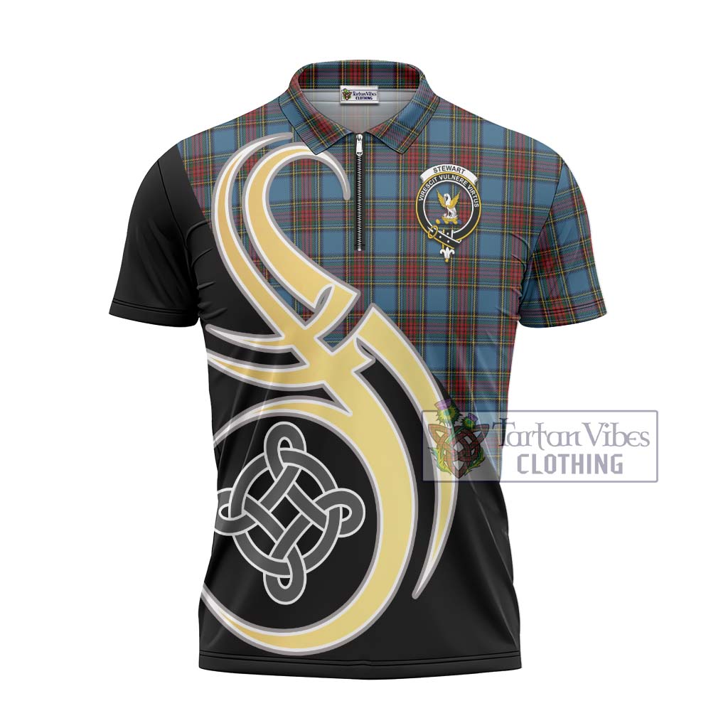 Tartan Vibes Clothing Stewart Royal Blue Tartan Zipper Polo Shirt with Family Crest and Celtic Symbol Style