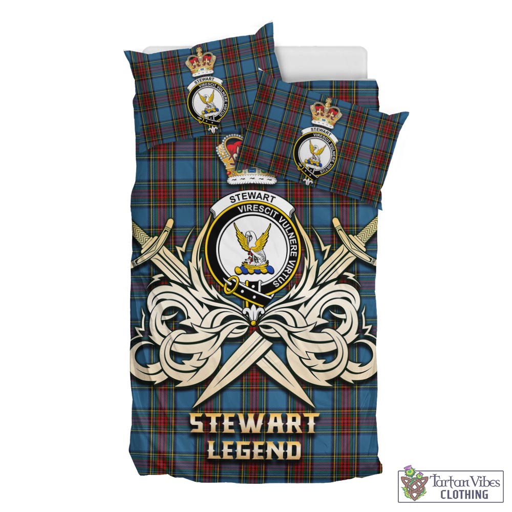 Tartan Vibes Clothing Stewart Royal Blue Tartan Bedding Set with Clan Crest and the Golden Sword of Courageous Legacy