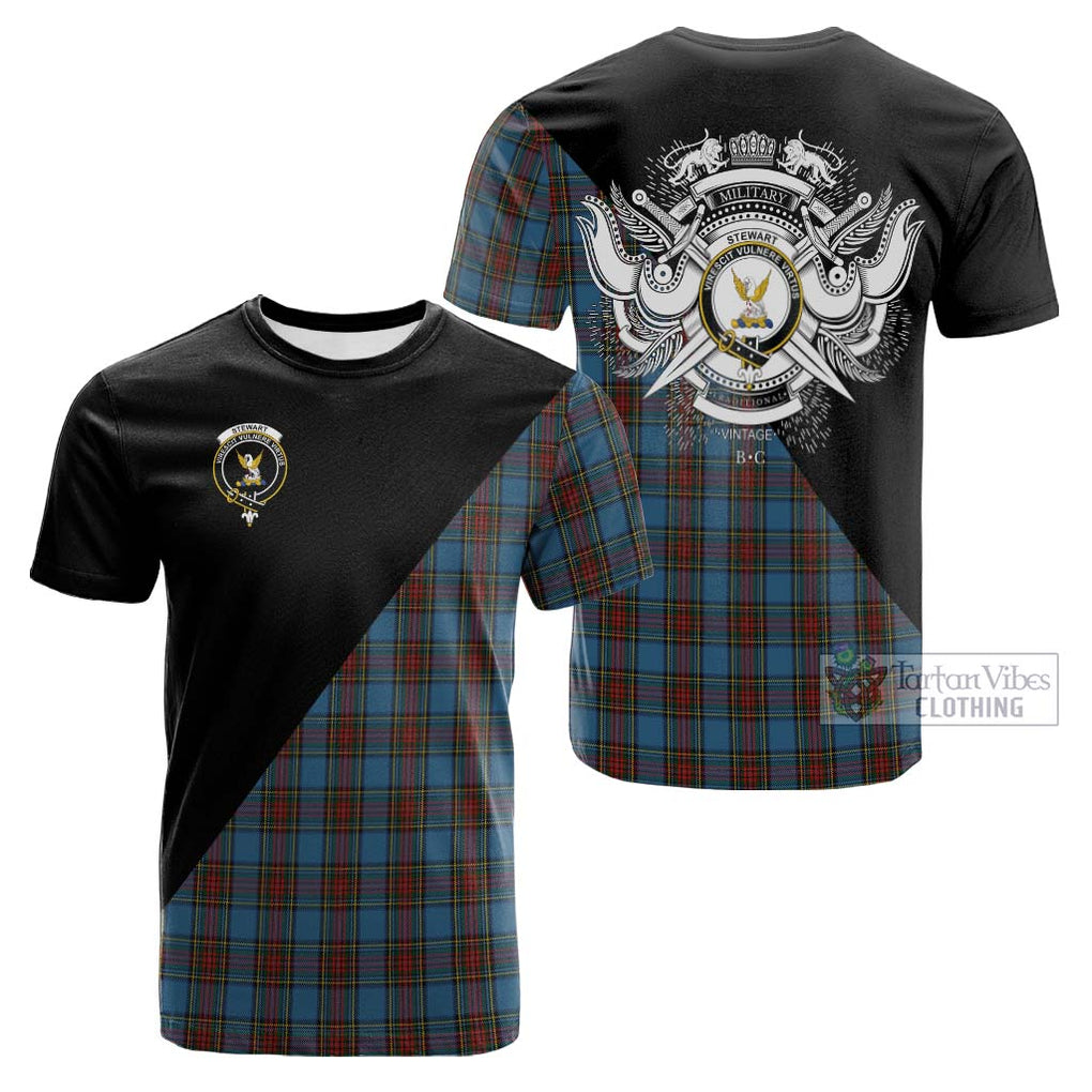 Tartan Vibes Clothing Stewart Royal Blue Tartan Cotton T-shirt with Family Crest and Military Logo Style