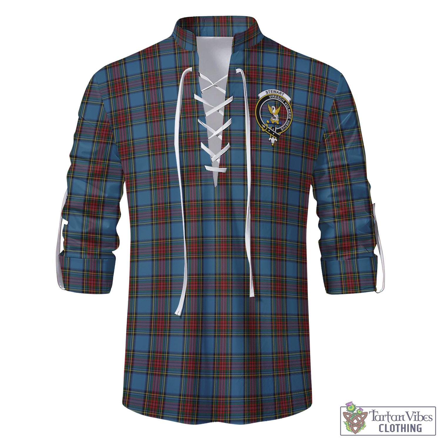 Tartan Vibes Clothing Stewart Royal Blue Tartan Men's Scottish Traditional Jacobite Ghillie Kilt Shirt with Family Crest