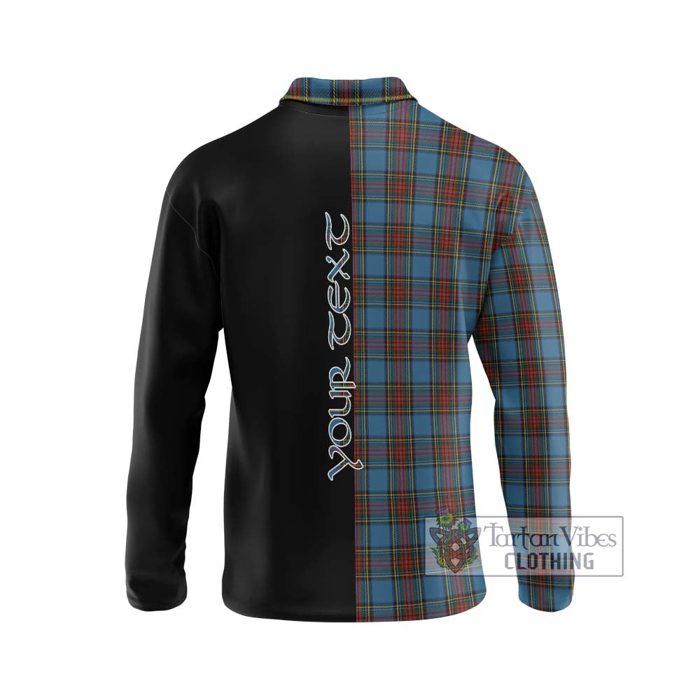 Stewart Royal Blue Tartan Long Sleeve Polo Shirt with Family Crest and Half Of Me Style - Tartanvibesclothing Shop