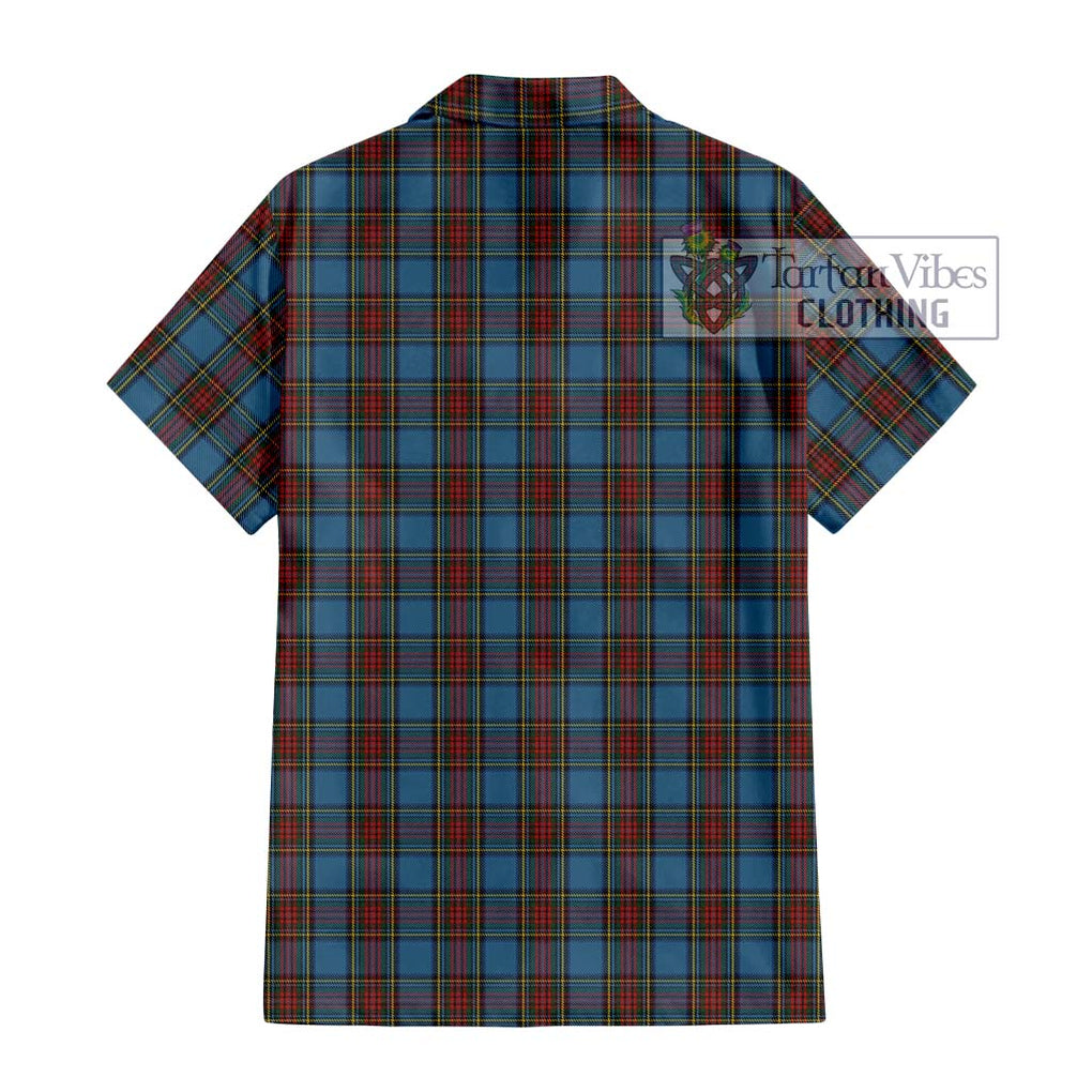 Stewart Royal Blue Tartan Short Sleeve Button Shirt with Family Crest DNA In Me Style - Tartanvibesclothing Shop