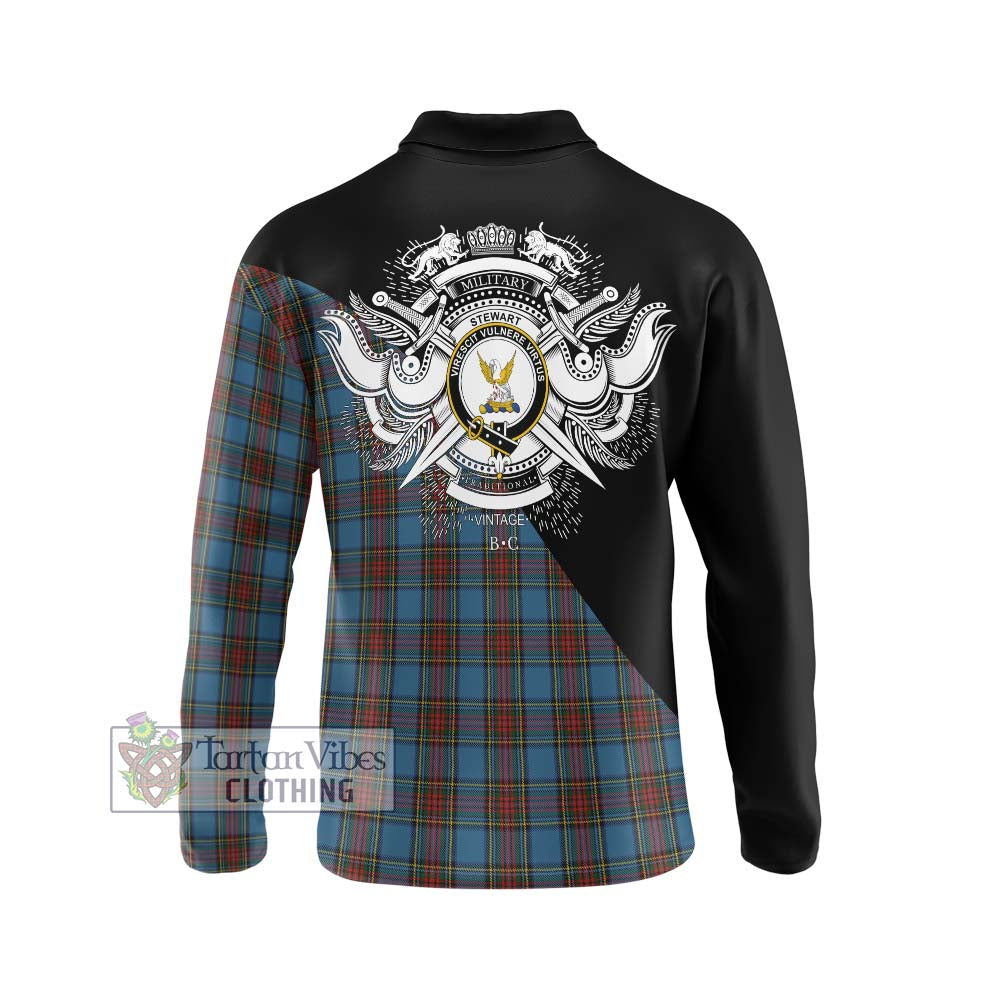 Stewart Royal Blue Tartan Long Sleeve Polo Shirt with Family Crest and Military Logo Style - Tartanvibesclothing Shop