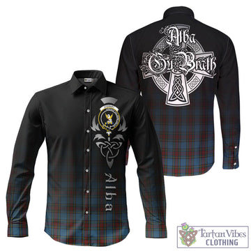 Stewart Royal Blue Tartan Long Sleeve Button Up Featuring Alba Gu Brath Family Crest Celtic Inspired