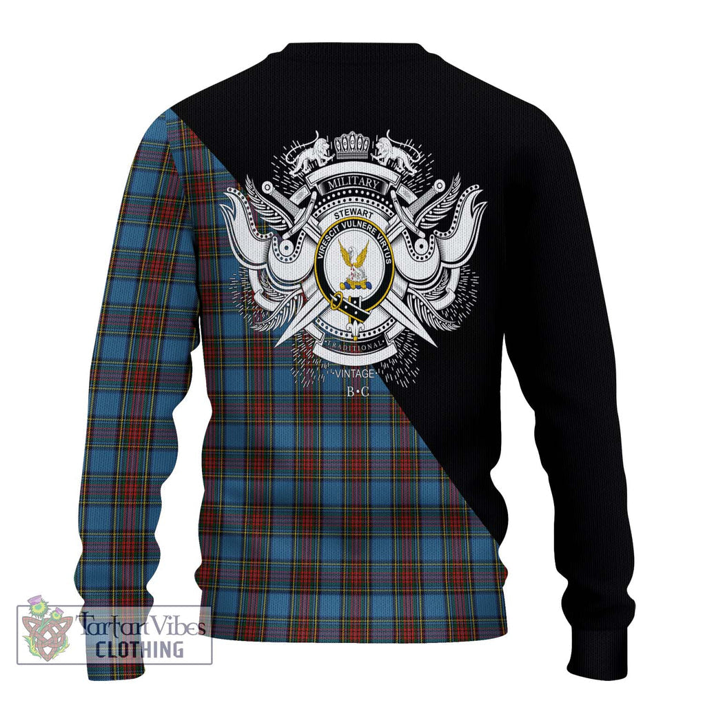 Stewart Royal Blue Tartan Knitted Sweater with Family Crest and Military Logo Style - Tartanvibesclothing Shop