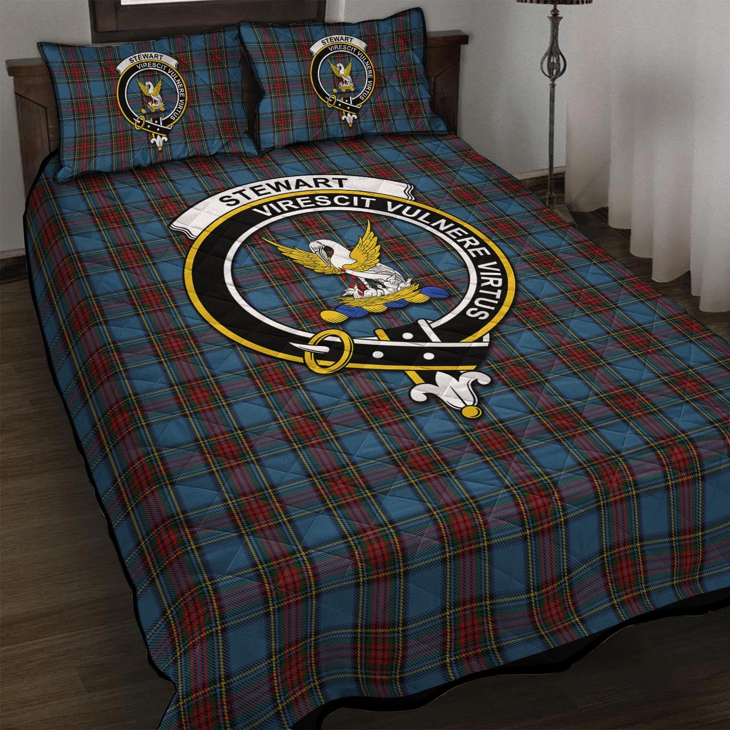 Stewart Royal Blue Tartan Quilt Bed Set with Family Crest - Tartan Vibes Clothing