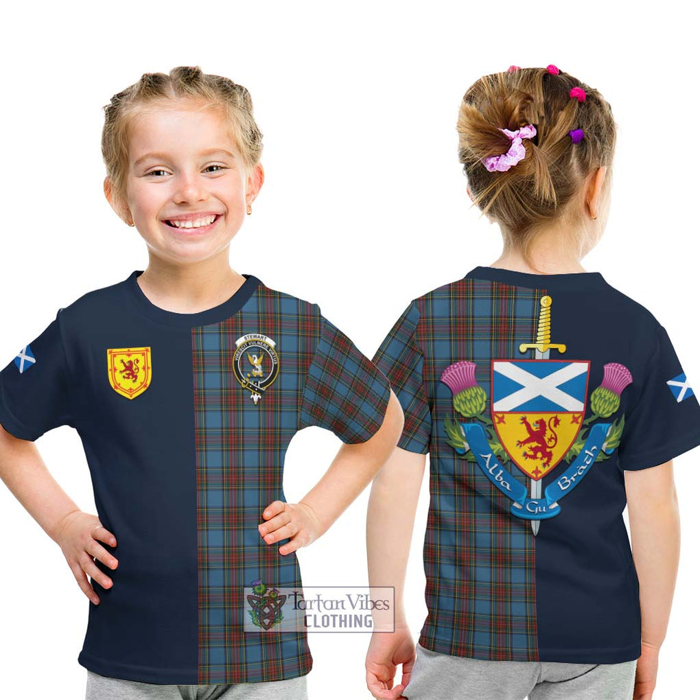 Tartan Vibes Clothing Stewart Royal Blue Tartan Kid T-Shirt with Scottish Lion Royal Arm Half Style