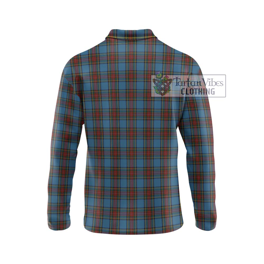 Stewart Royal Blue Tartan Long Sleeve Polo Shirt with Family Crest DNA In Me Style - Tartanvibesclothing Shop