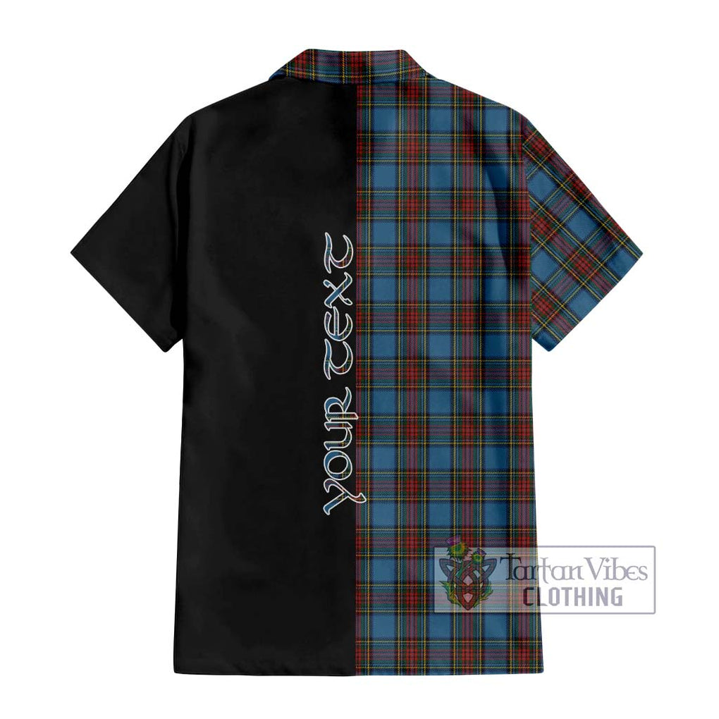 Stewart Royal Blue Tartan Short Sleeve Button Shirt with Family Crest and Half Of Me Style - Tartanvibesclothing Shop