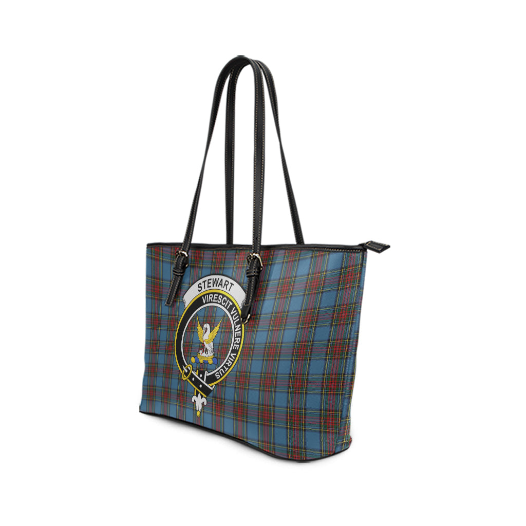 Stewart Royal Blue Tartan Leather Tote Bag with Family Crest - Tartan Vibes Clothing