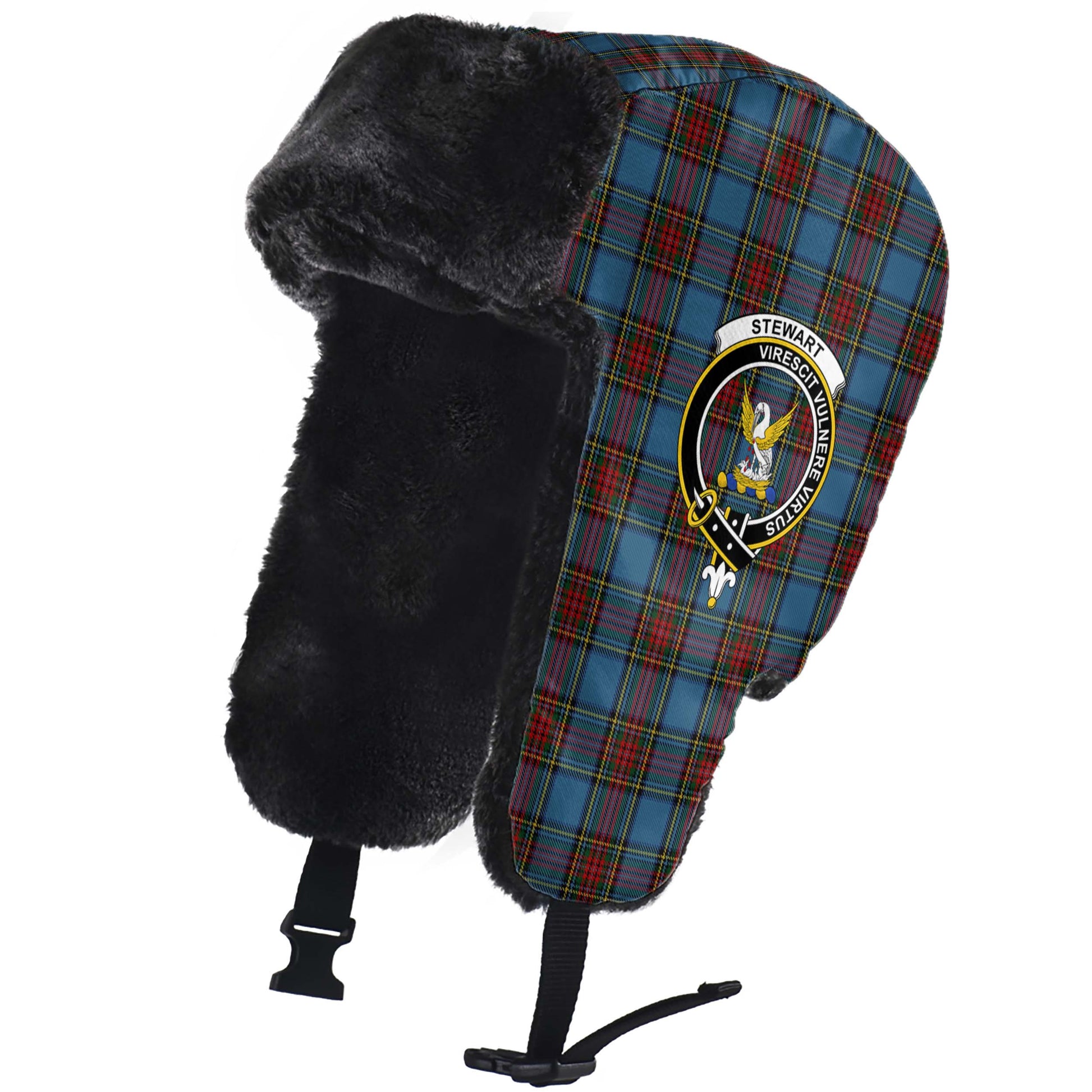 Stewart Royal Blue Tartan Winter Trapper Hat with Family Crest - Tartanvibesclothing