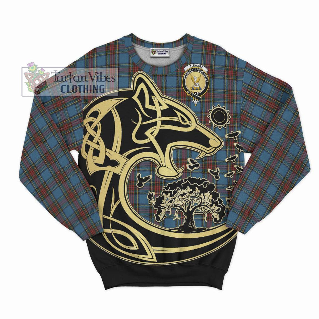 Stewart Royal Blue Tartan Sweatshirt with Family Crest Celtic Wolf Style - Tartan Vibes Clothing