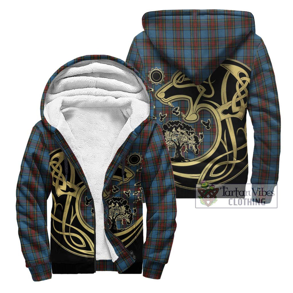 Stewart Royal Blue Tartan Sherpa Hoodie with Family Crest Celtic Wolf Style Unisex - Tartan Vibes Clothing