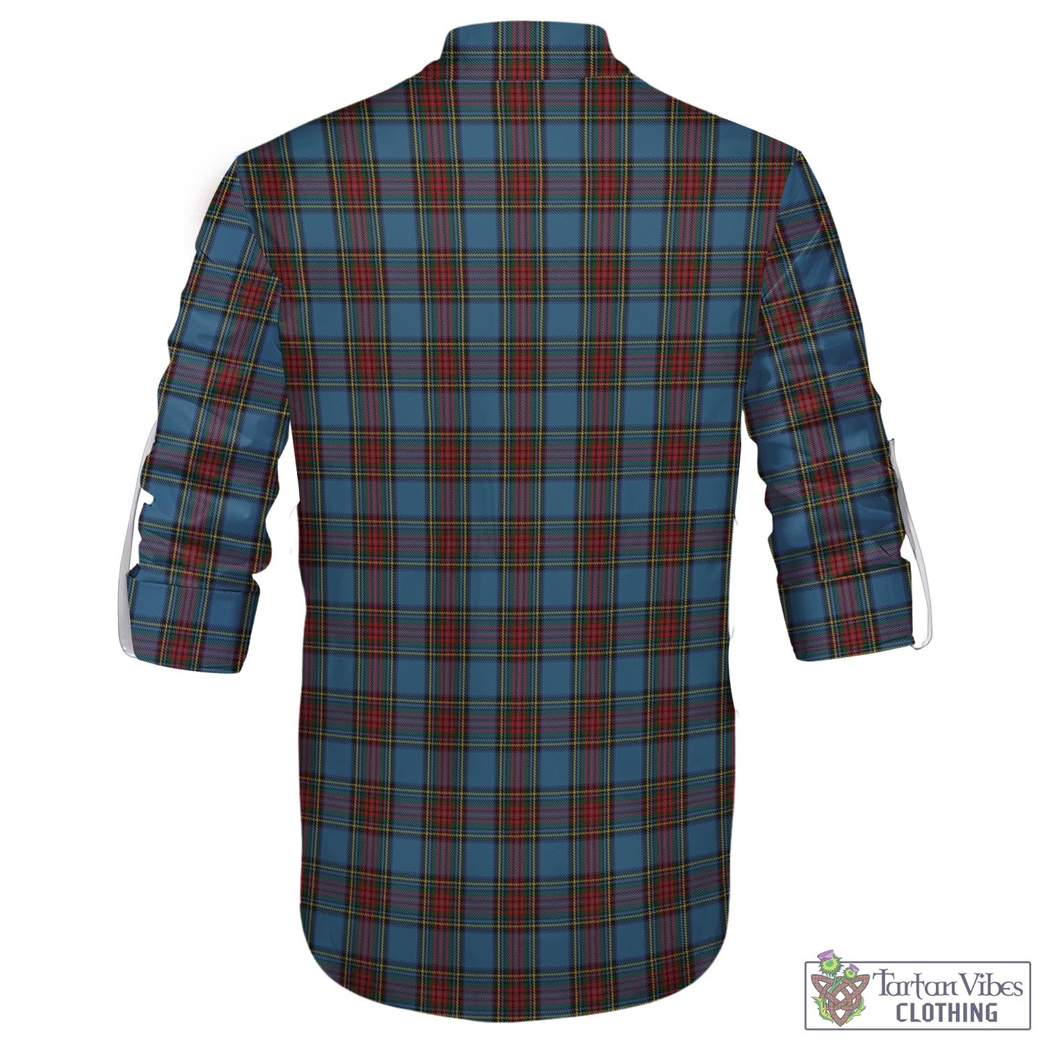 Tartan Vibes Clothing Stewart Royal Blue Tartan Men's Scottish Traditional Jacobite Ghillie Kilt Shirt with Family Crest