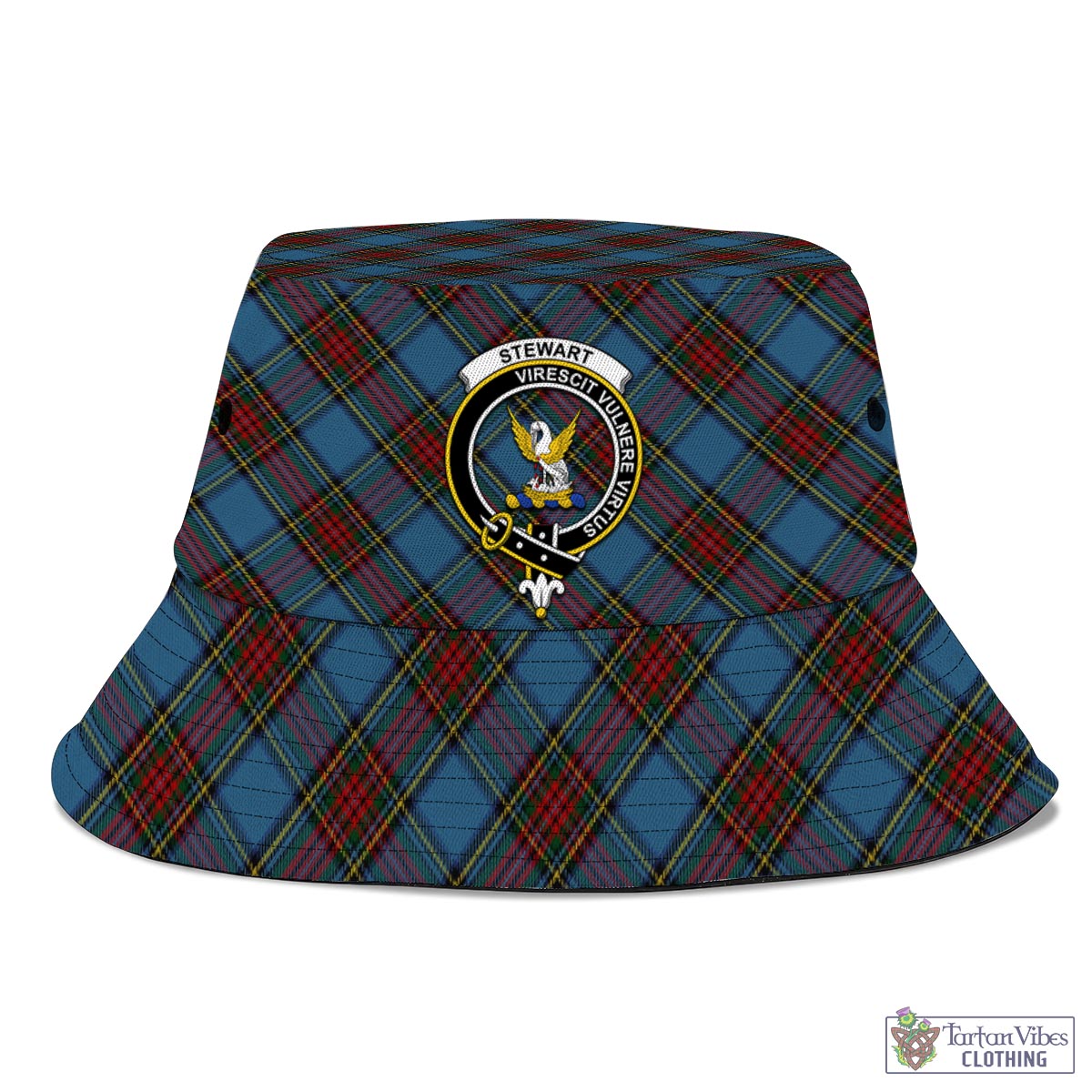 Tartan Vibes Clothing Stewart Royal Blue Tartan Bucket Hat with Family Crest