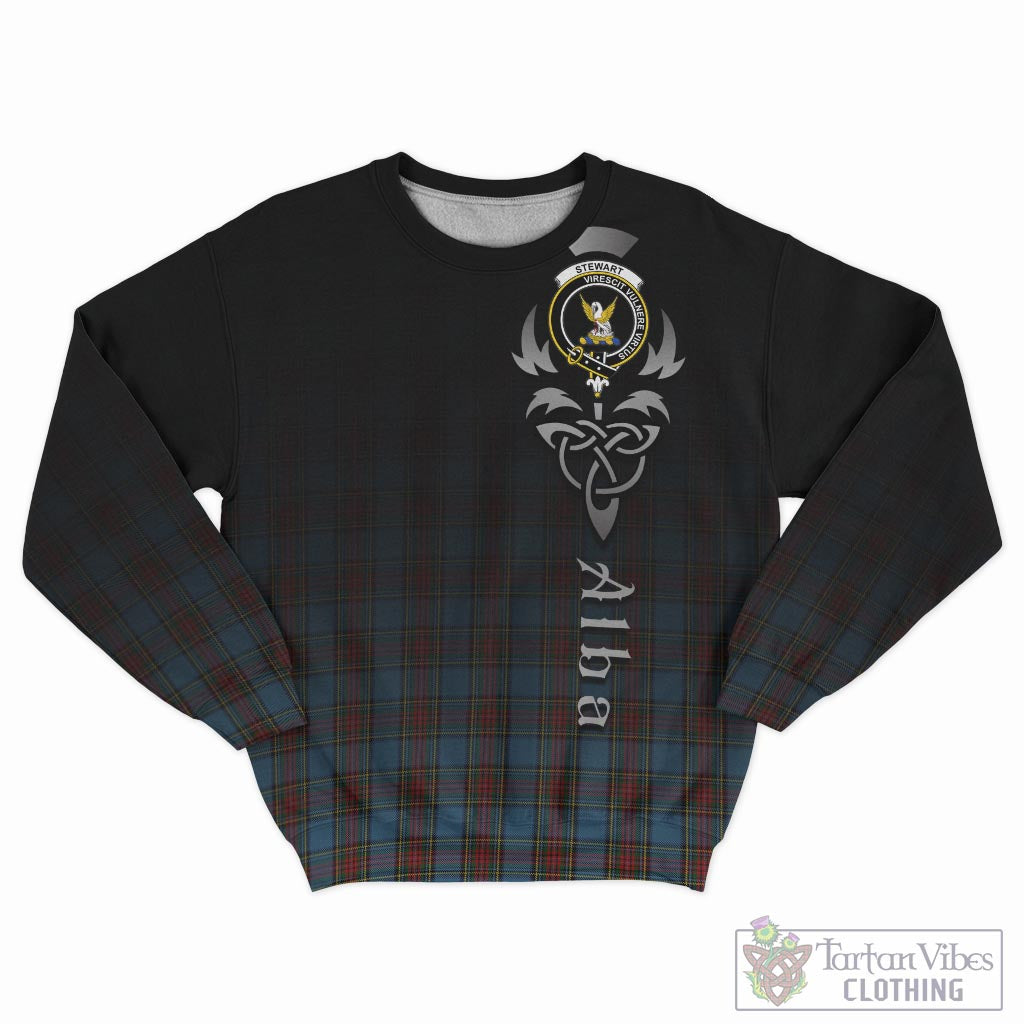 Tartan Vibes Clothing Stewart Royal Blue Tartan Sweatshirt Featuring Alba Gu Brath Family Crest Celtic Inspired