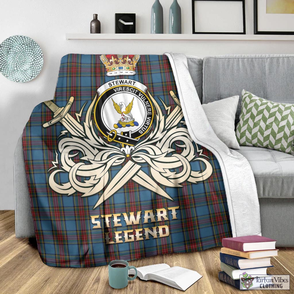 Tartan Vibes Clothing Stewart Royal Blue Tartan Blanket with Clan Crest and the Golden Sword of Courageous Legacy