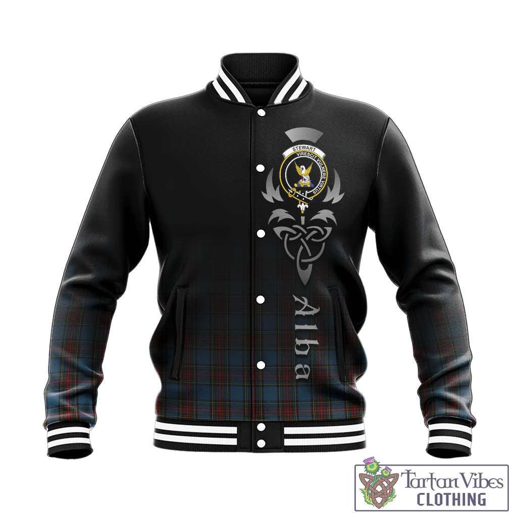 Tartan Vibes Clothing Stewart Royal Blue Tartan Baseball Jacket Featuring Alba Gu Brath Family Crest Celtic Inspired