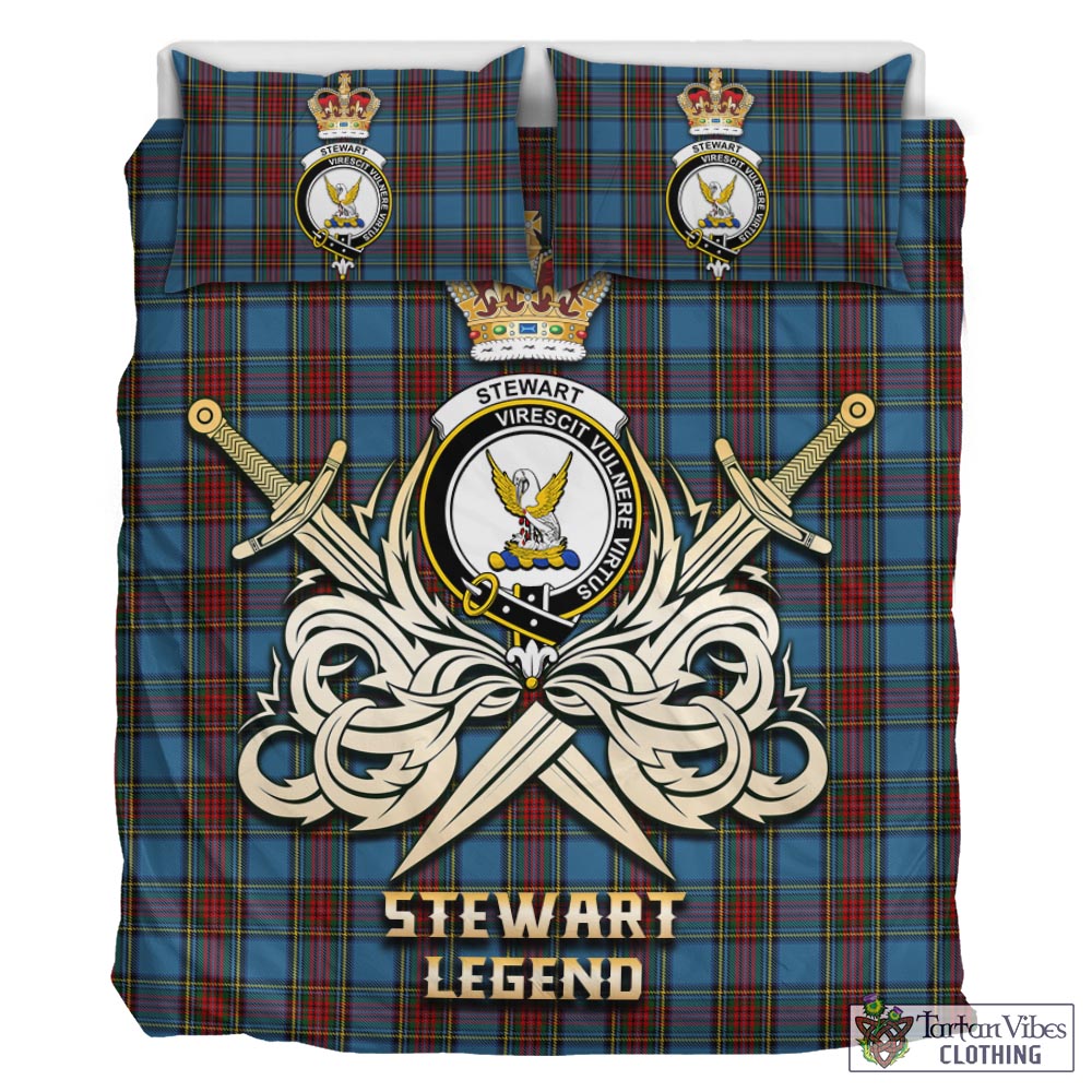 Tartan Vibes Clothing Stewart Royal Blue Tartan Bedding Set with Clan Crest and the Golden Sword of Courageous Legacy