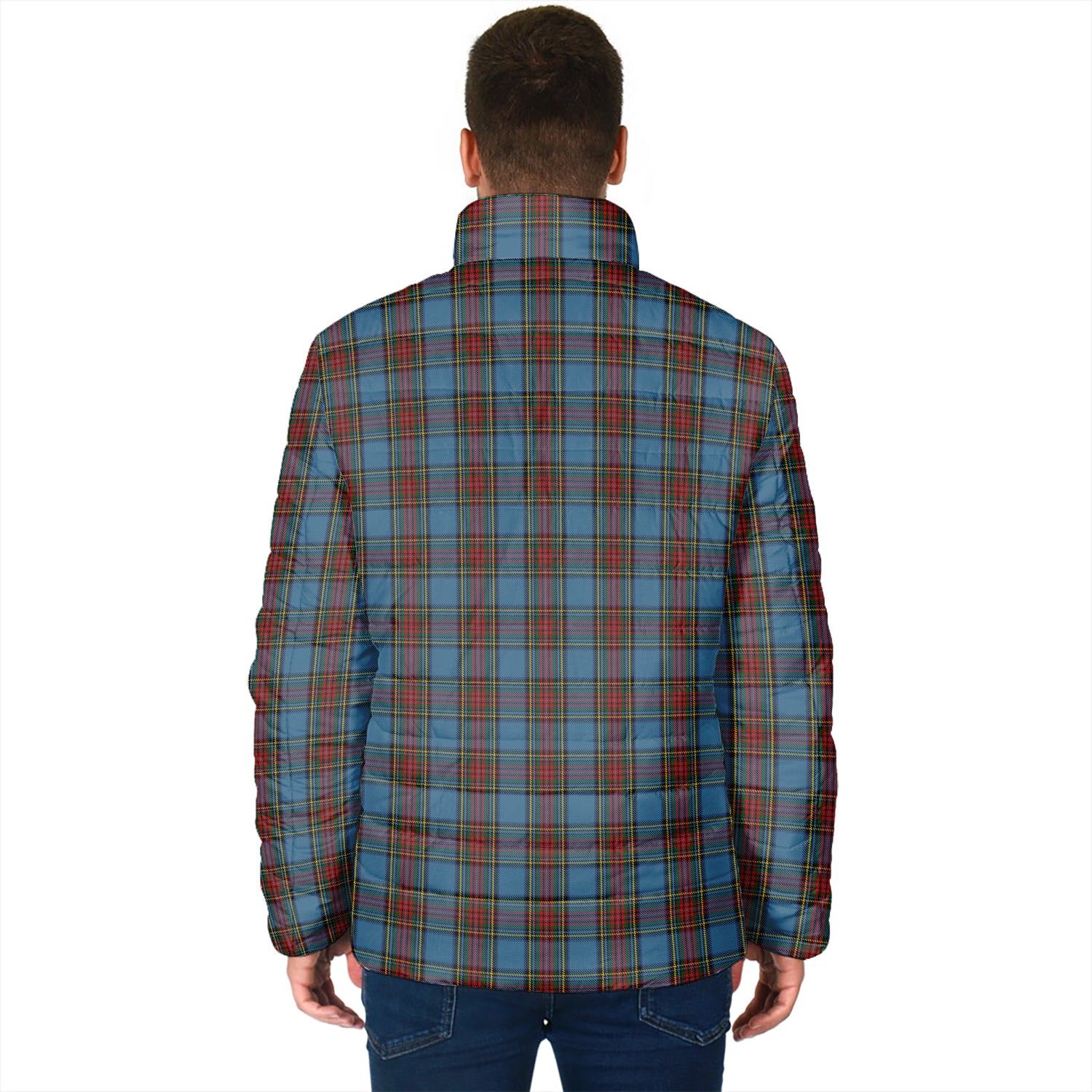 Stewart Royal Blue Tartan Padded Jacket with Family Crest - Tartan Vibes Clothing