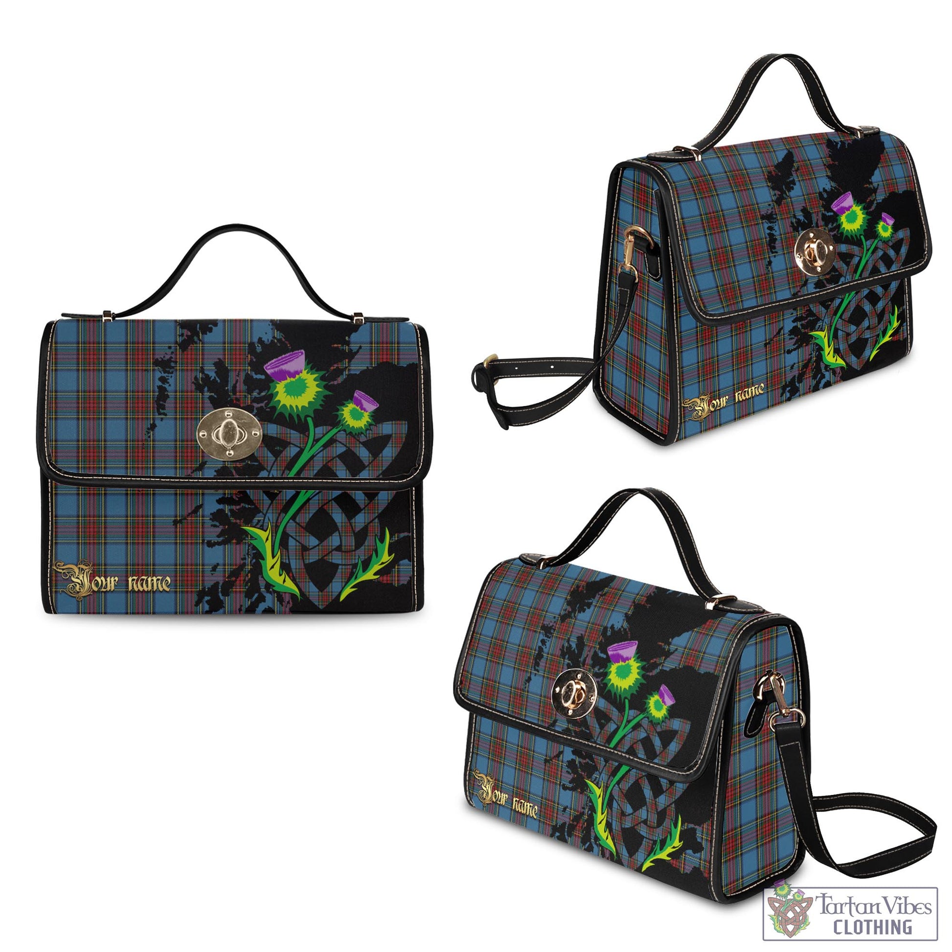 Tartan Vibes Clothing Stewart Royal Blue Tartan Waterproof Canvas Bag with Scotland Map and Thistle Celtic Accents