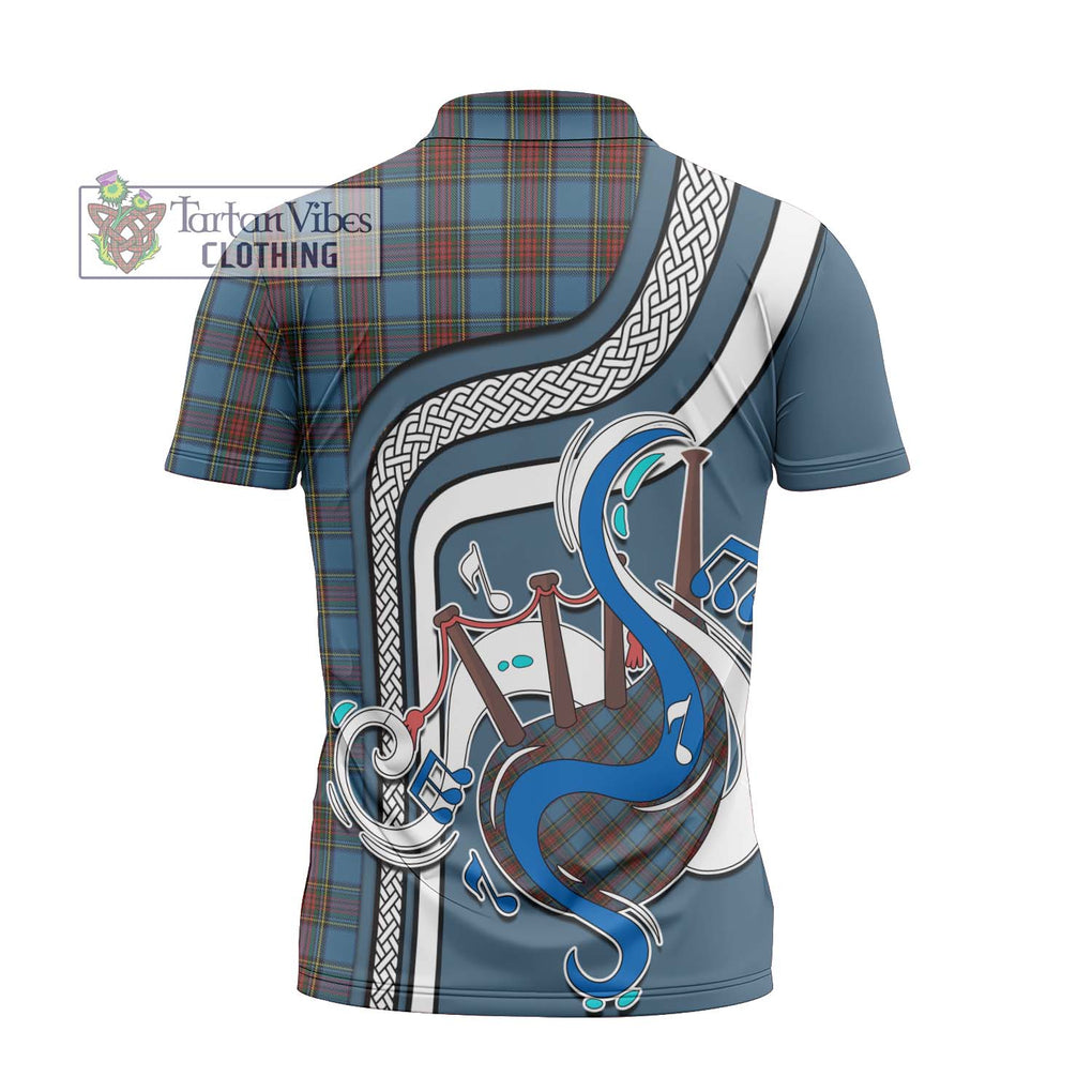 Stewart Royal Blue Tartan Zipper Polo Shirt with Epic Bagpipe Style - Tartanvibesclothing Shop