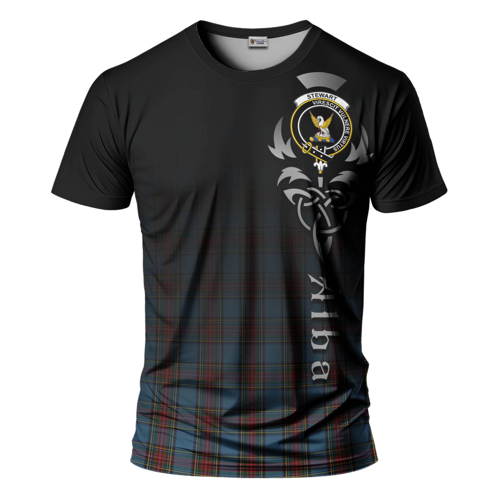 Tartan Vibes Clothing Stewart Royal Blue Tartan T-Shirt Featuring Alba Gu Brath Family Crest Celtic Inspired