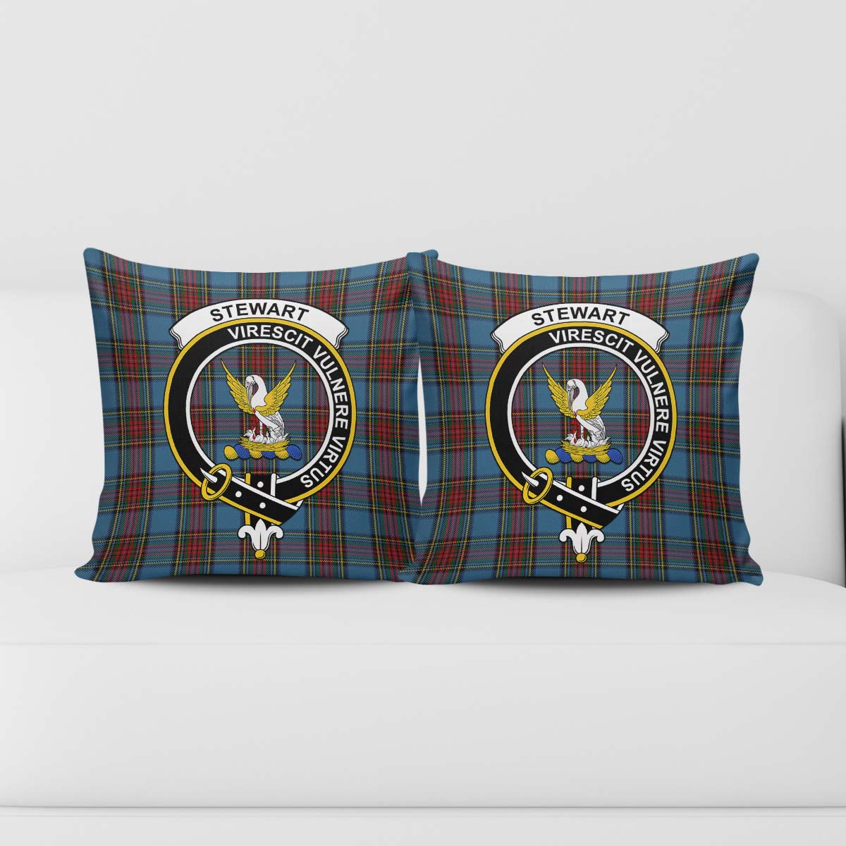 Stewart Royal Blue Tartan Pillow Cover with Family Crest - Tartanvibesclothing