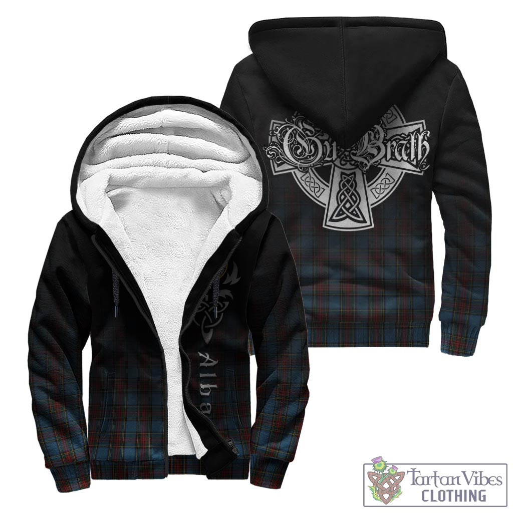 Tartan Vibes Clothing Stewart Royal Blue Tartan Sherpa Hoodie Featuring Alba Gu Brath Family Crest Celtic Inspired