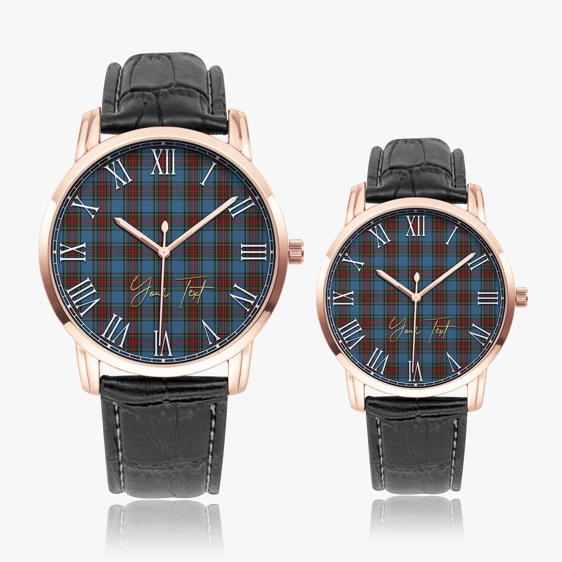 Stewart Royal Blue Tartan Personalized Your Text Leather Trap Quartz Watch Wide Type Rose Gold Case With Black Leather Strap - Tartanvibesclothing Shop