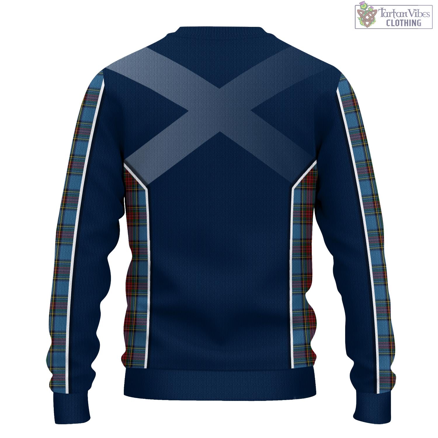 Tartan Vibes Clothing Stewart Royal Blue Tartan Knitted Sweatshirt with Family Crest and Scottish Thistle Vibes Sport Style