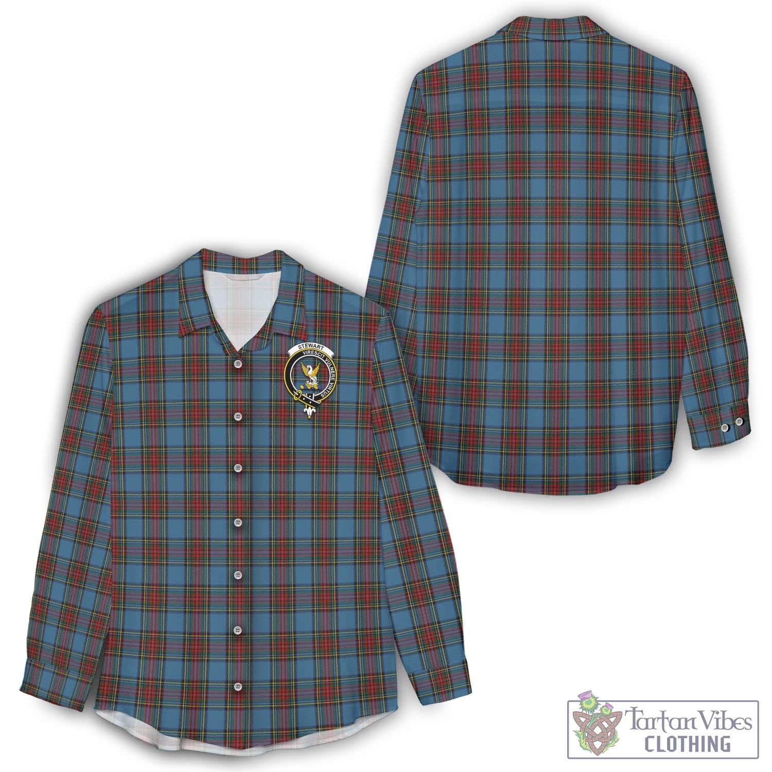 Tartan Vibes Clothing Stewart Royal Blue Tartan Womens Casual Shirt with Family Crest