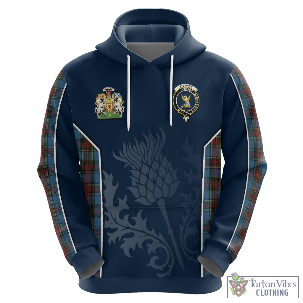 Tartan Vibes Clothing Stewart Royal Blue Tartan Hoodie with Family Crest and Scottish Thistle Vibes Sport Style