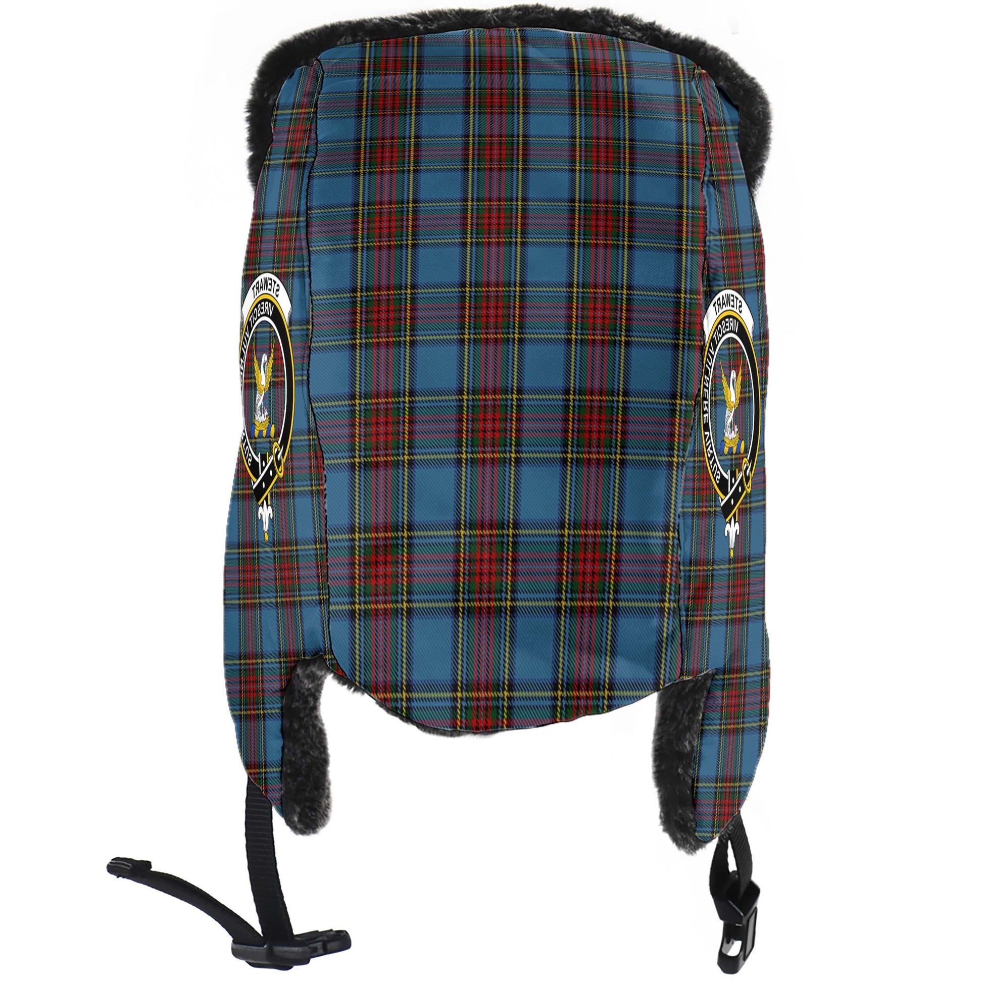 Stewart Royal Blue Tartan Winter Trapper Hat with Family Crest - Tartanvibesclothing