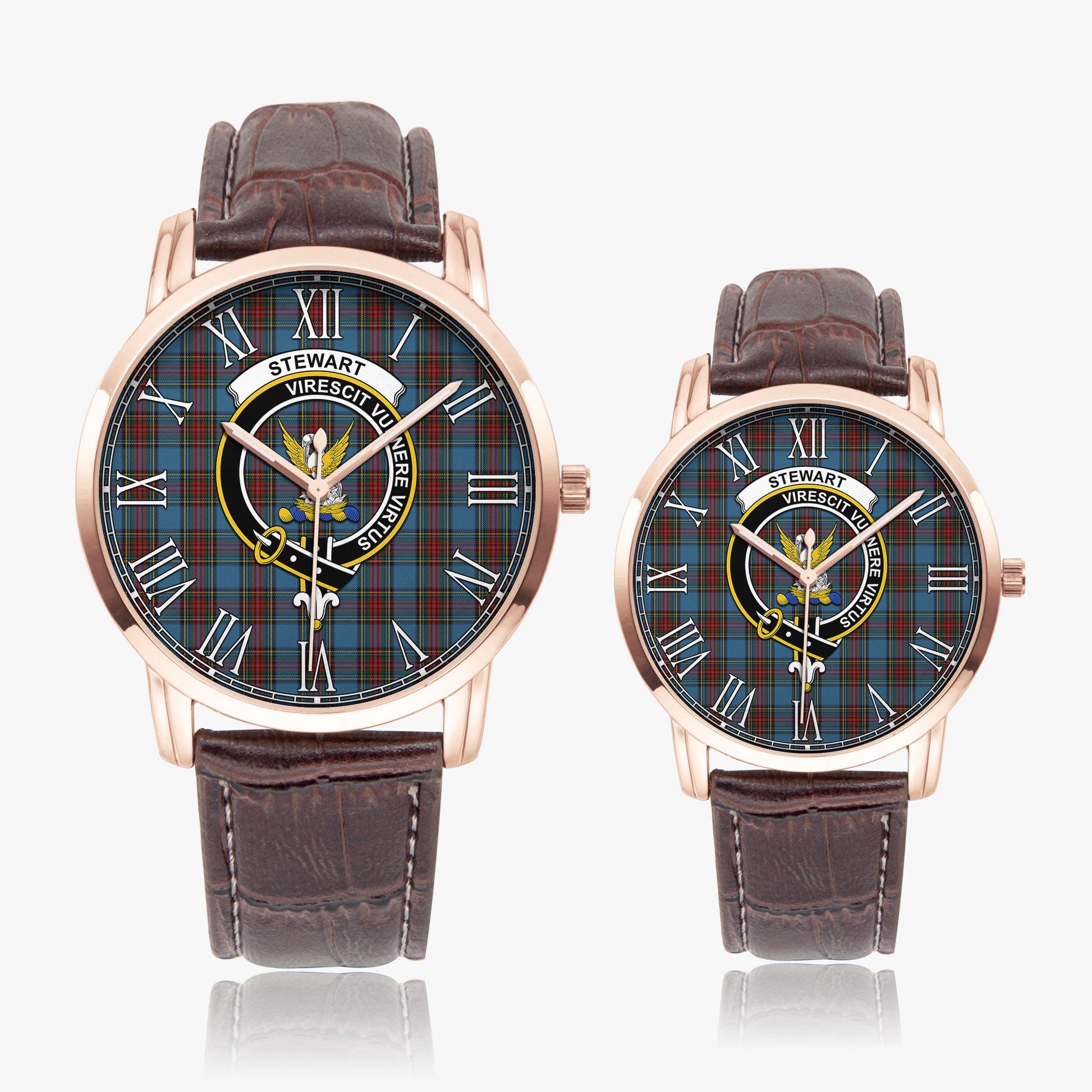 Stewart Royal Blue Tartan Family Crest Leather Strap Quartz Watch - Tartanvibesclothing