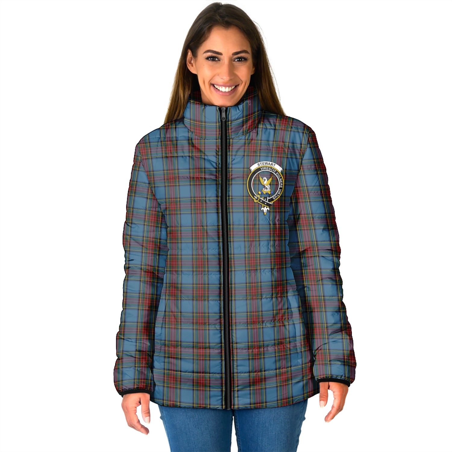 Stewart Royal Blue Tartan Padded Jacket with Family Crest - Tartan Vibes Clothing