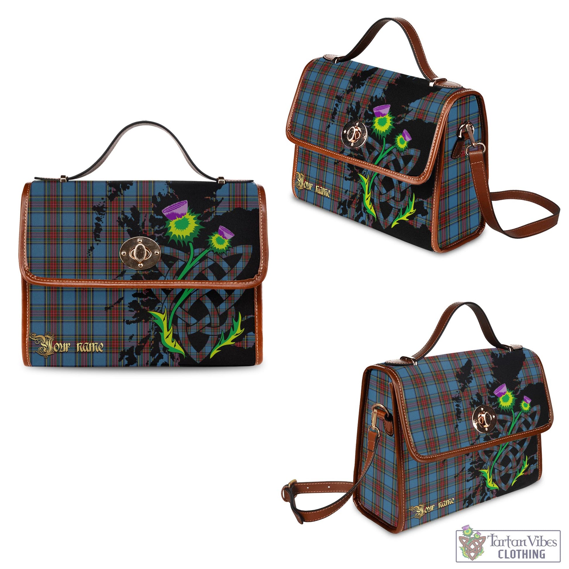 Tartan Vibes Clothing Stewart Royal Blue Tartan Waterproof Canvas Bag with Scotland Map and Thistle Celtic Accents