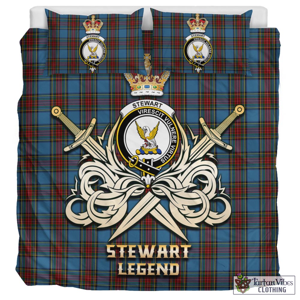 Tartan Vibes Clothing Stewart Royal Blue Tartan Bedding Set with Clan Crest and the Golden Sword of Courageous Legacy