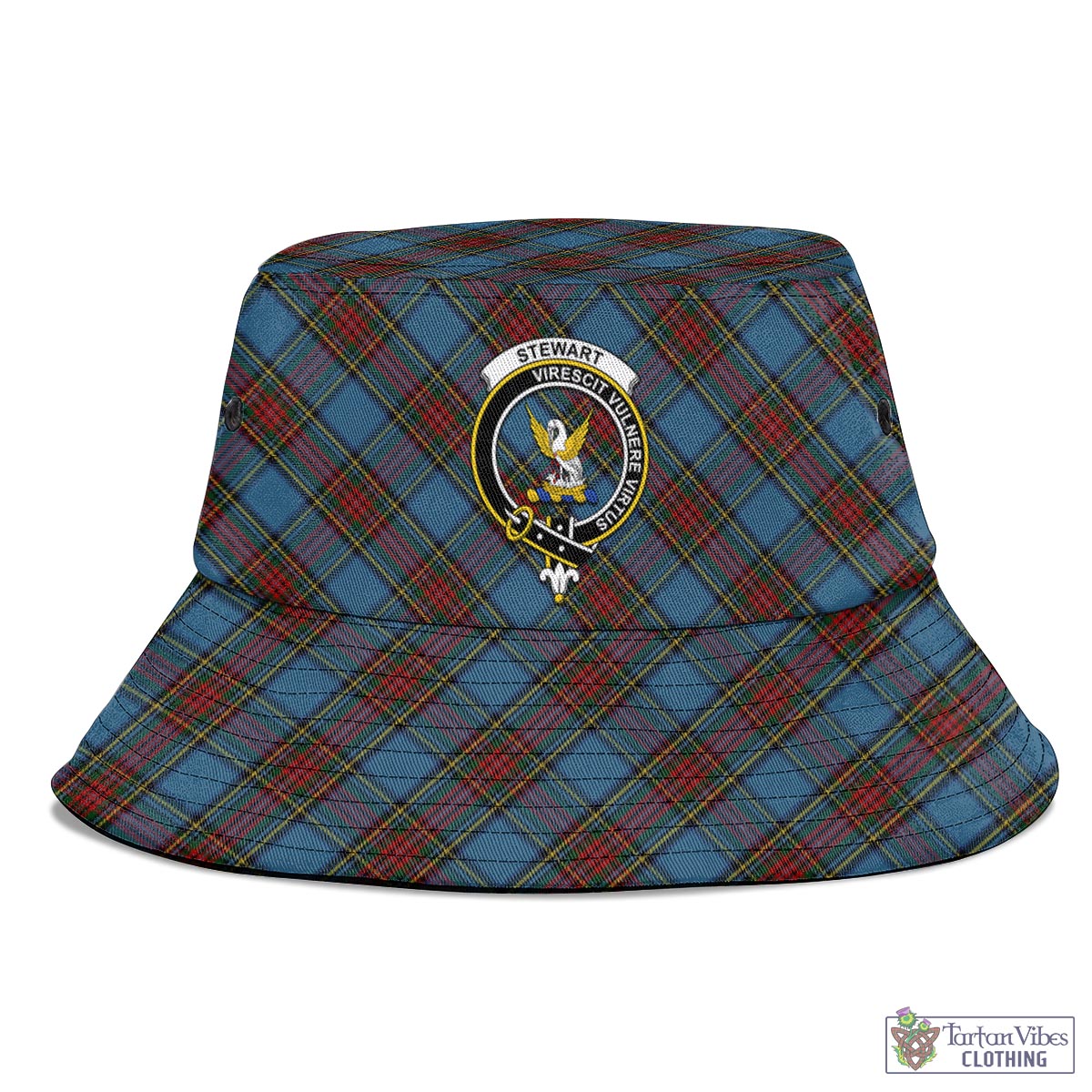 Tartan Vibes Clothing Stewart Royal Blue Tartan Bucket Hat with Family Crest