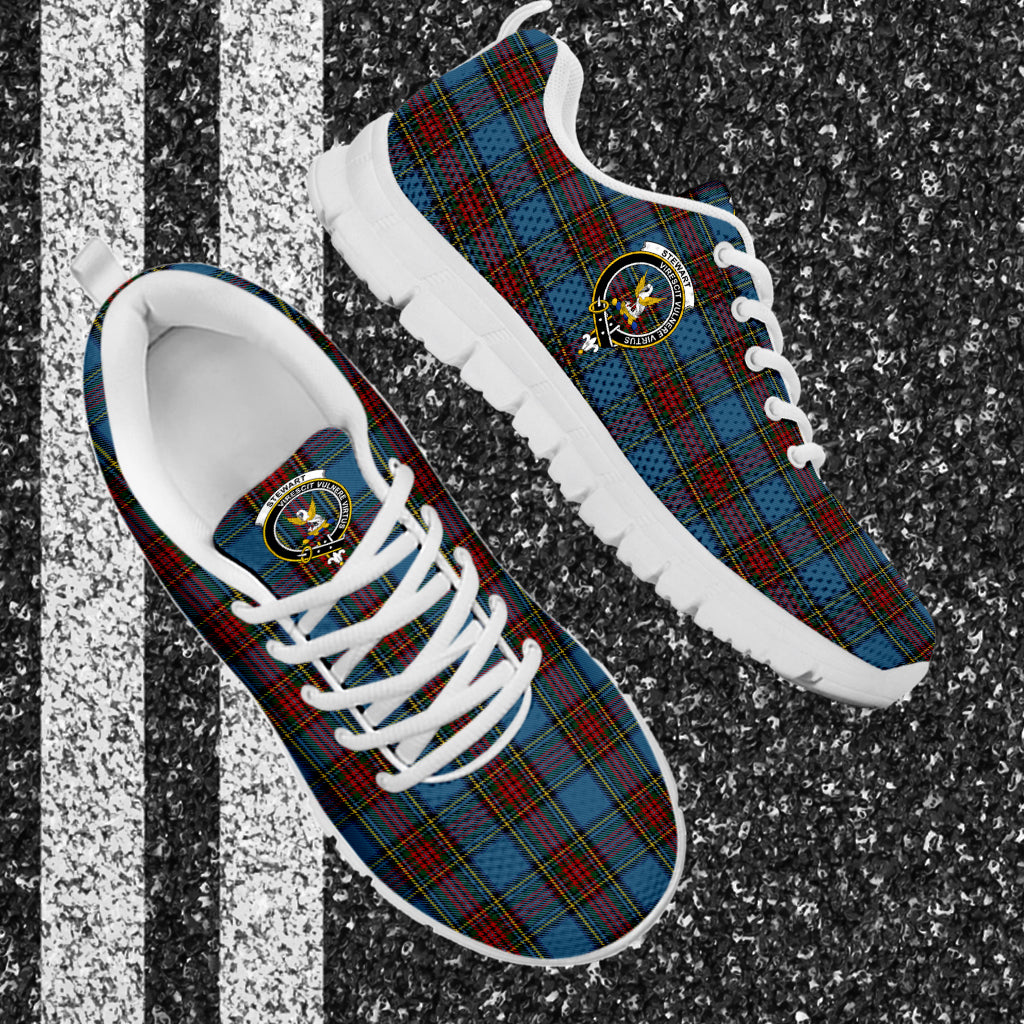 Stewart Royal Blue Tartan Sneakers with Family Crest - Tartan Vibes Clothing