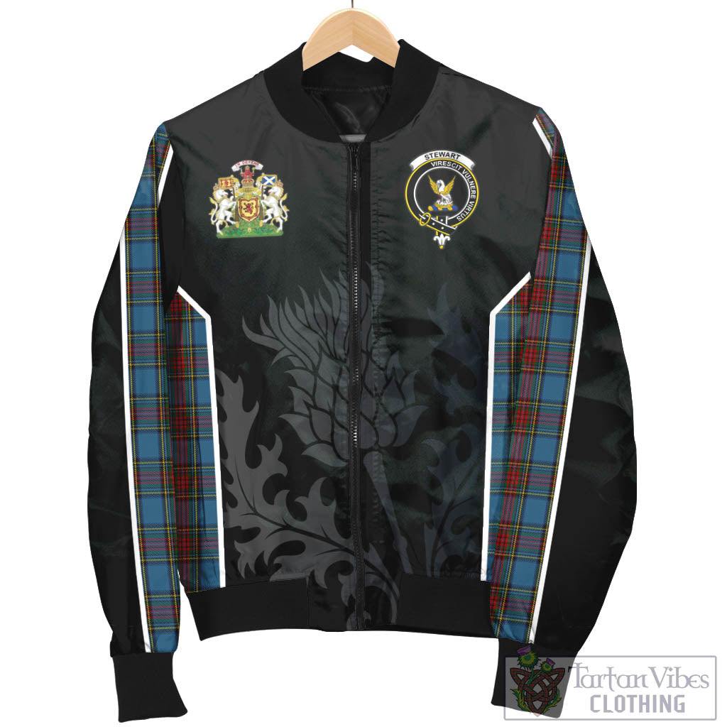 Tartan Vibes Clothing Stewart Royal Blue Tartan Bomber Jacket with Family Crest and Scottish Thistle Vibes Sport Style