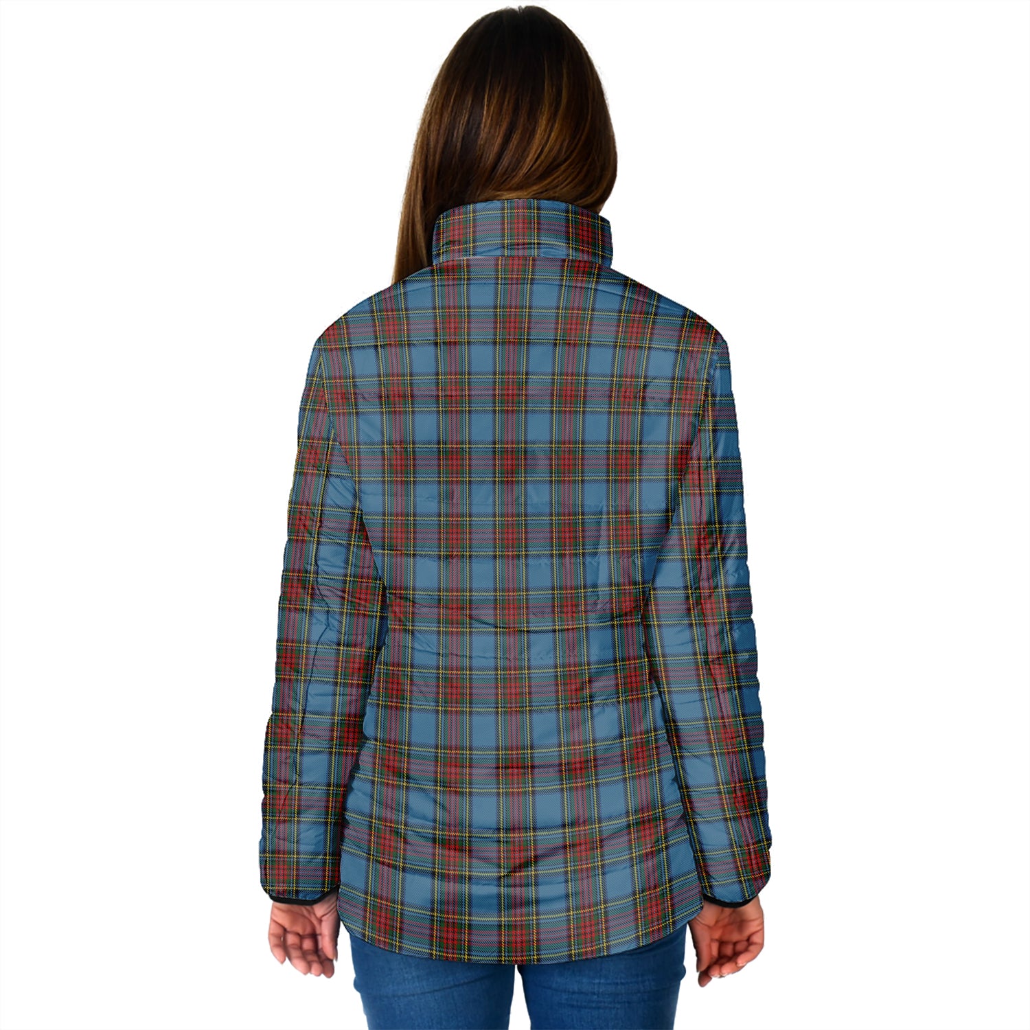 Stewart Royal Blue Tartan Padded Jacket with Family Crest - Tartan Vibes Clothing