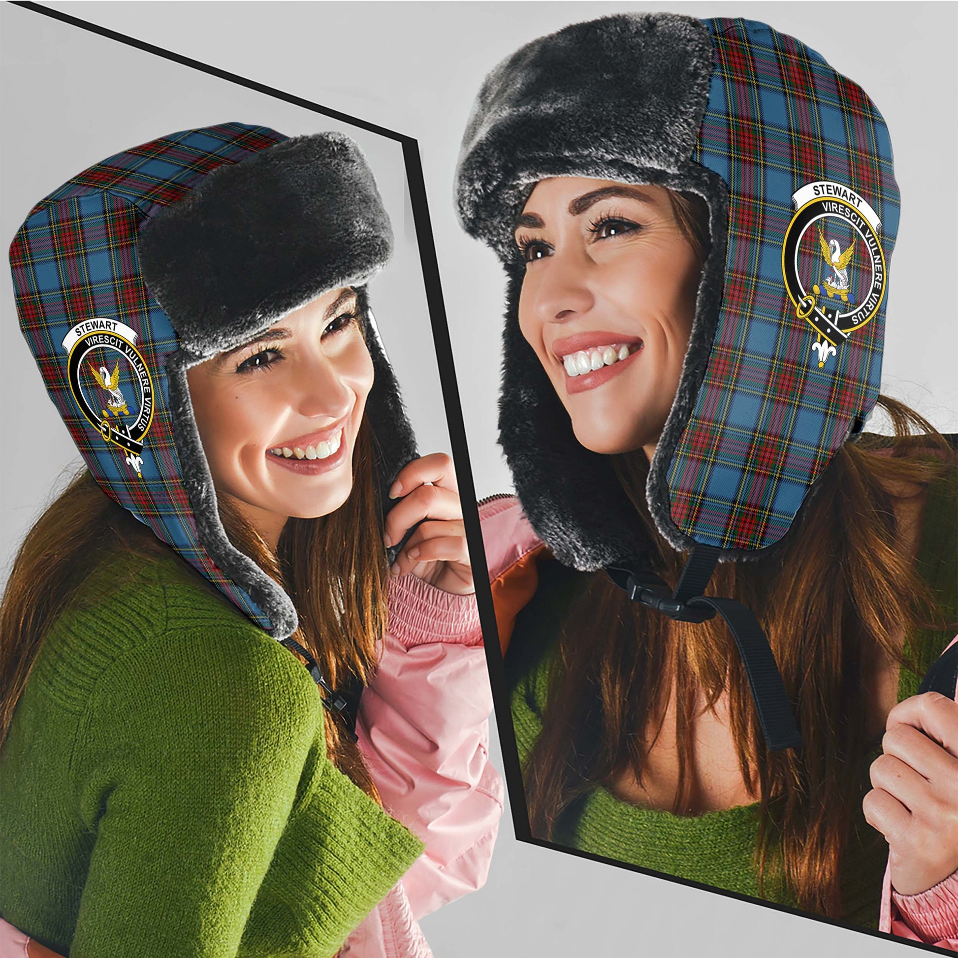 Stewart Royal Blue Tartan Winter Trapper Hat with Family Crest - Tartanvibesclothing