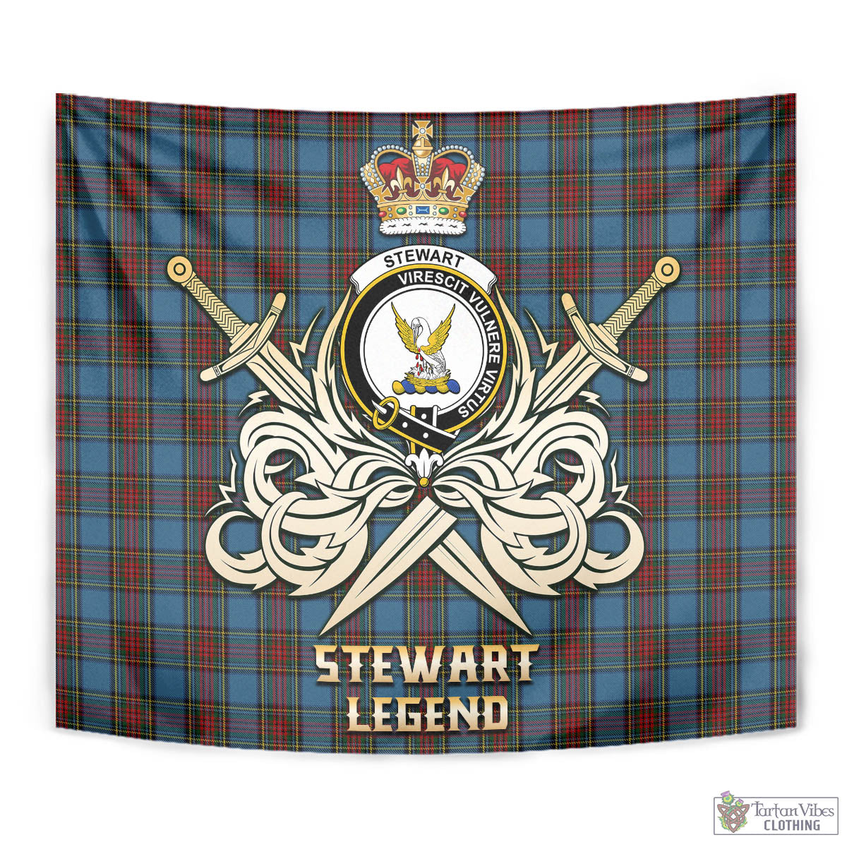 Tartan Vibes Clothing Stewart Royal Blue Tartan Tapestry with Clan Crest and the Golden Sword of Courageous Legacy